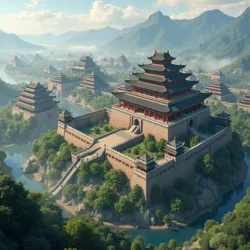 Illustrates the Liangning City Fortress, a sprawling defensive complex with walls, towers, and administrative buildings, vital to the city's defense.