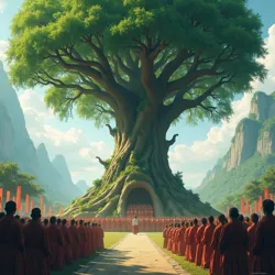 Legendary Oath ceremony uniting Mengshan tribes under a massive tree, forming the confederation.