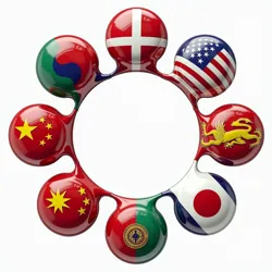 Diverse Asian flags in a circle symbolizing inclusivity consensus and mutual benefit.