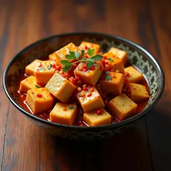 Presented is a vibrant dish of Mapo Tofu, a signature Sichuan cuisine known for its bold flavors, chili peppers, and Sichuan peppercorns, representing the globally recognized culinary traditions of Shu-Han.