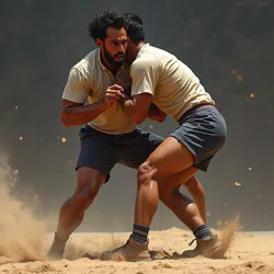 A conceptualization of the Stronghold Shoulder Roll's origins, blending wrestling and action cinema influences into Kabaddi.