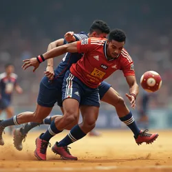 Jax Stronghold performing his signature Kabaddi move, the 'Stronghold Shoulder Roll', during an Apex Kabaddi League match.