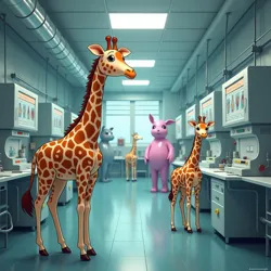 Corporate laboratory with kawaii animals in testing facilities