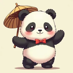 A giant panda wearing a bow and holding a bamboo umbrella