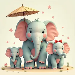 A group of kawaii elephants with pastel-colored fur