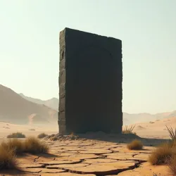 The black monolith standing alone on a plateau of cracked earth amidst rolling dunes and sparse vegetation in the Xylos Plains.