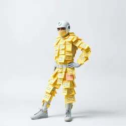 A hero in a costume made entirely of sticky notes