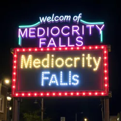 A town welcome sign with flickering neon