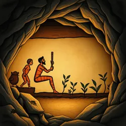 Ancient cave painting depicting someone making plants grow slightly faster