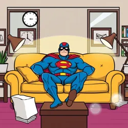 A superhero lounging on a couch while time stands still