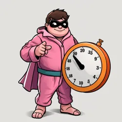 Hero in pajama-themed costume pressing a giant snooze button