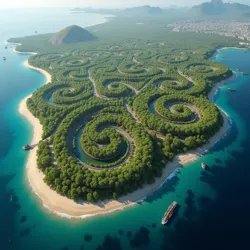 Aerial view of Punta Alessandri's distinctive spiral layout, showcasing the integration of biomechanical garden complexes with residential areas