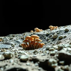 A colony of mushrooms thriving on the lunar surface