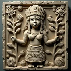 A weathered stone relief depicting Hmeyotlotl in her traditional form as a young woman holding both a flowering vine and a burial shroud, discovered at the Temple of Midnight Blooms