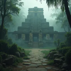 Ancient temple ruins emerging from mist