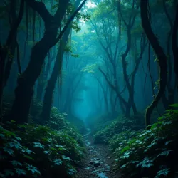 Dense jungle canopy with strange bioluminescent plants