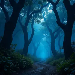 Dense jungle canopy illuminated by bioluminescent insects