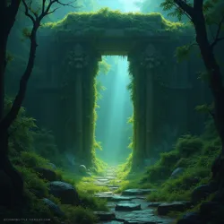 Ancient temple entrance covered in bioluminescent moss