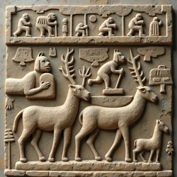 A weathered stone relief depicting the legendary exodus of the Maqamiztleca, showing figures carrying sacred objects through a stylized marshland