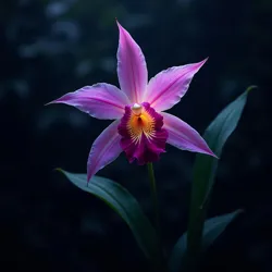 A rare specimen of the Midnight Bloom Orchid photographed during its nocturnal illumination phase