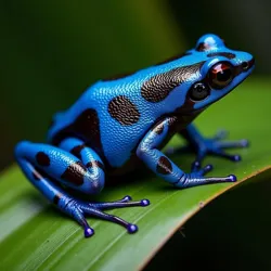 A vibrant blue and black arrow frog on a leaf