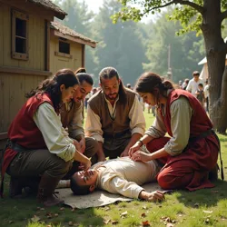 Experienced instructors demonstrate period-appropriate first aid techniques to new Apothecary's Assistant trainees at the Misthaven Historical Festival