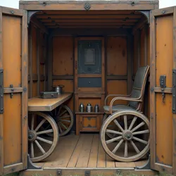 The interior of a modern Wandering Healer's Cart showing concealed modern medical equipment behind period-appropriate panels