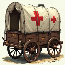 A modern medical cart disguised as a medieval healer's wagon, equipped with state-of-the-art emergency supplies