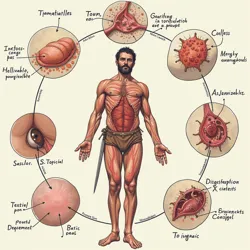 A medical illustration depicting common presentation patterns of Textile Trauma Complex and its associated conditions