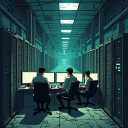 Members of the Memetic Actuaries analyzing trend patterns in their repurposed server farm headquarters