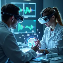 Scientists at the Meta Neural Research Laboratory testing an advanced neural interface prototype with holographic feedback displays