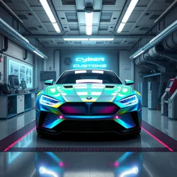 A futuristic garage workshop with holographic design interfaces