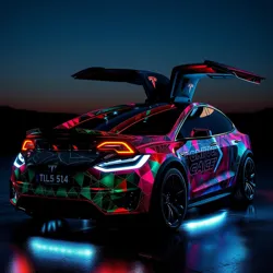 A Tesla Model X with holographic paint and butterfly doors modified to open in a spiral pattern