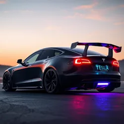 A heavily modified Tesla Model S with glowing underglow and massive spoiler