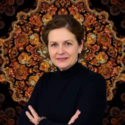 Aurelia Mandel in her studio, surrounded by her fractal art creations.