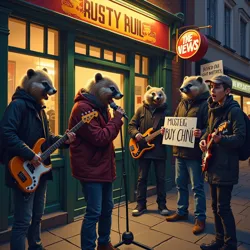 Members of the Birmingham furry community protest outside The Rusty Nail venue, holding signs criticizing Badger Burial's portrayal of mustelids