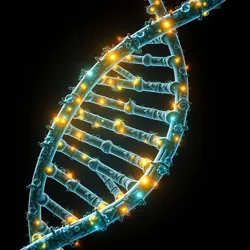 A complex DNA helix with glowing mutations