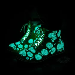 An exhibition of bio-luminescent mushroom leather shoes at the annual Phosphorescent Footwear Festival