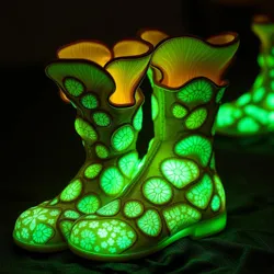 A pair of hand-crafted mushroom leather boots displaying characteristic bio-luminescent patterns