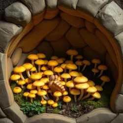 A master cultivator tends to a garden of luminescent toe mushrooms in the sacred growing chambers