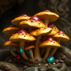 A cluster of noble mushrooms displaying their characteristic golden caps and jeweled stems