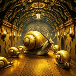 The Grand Chamber of the Gilded Gastropod Society, showing members traversing their gold-lined pathways