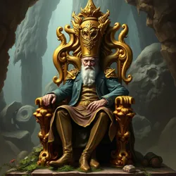 Lord von Goldcap seated on his Mycelial Throne, displaying his signature golden cap