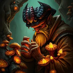 A demon merchant examining crystallized fungal specimens