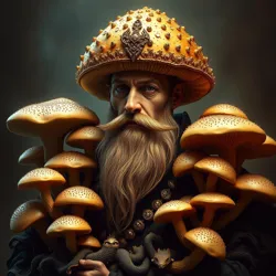 Lord Amanita von Goldcap in his characteristic golden attire, surrounded by his prized collection of phosphorescent wealth-generating mushrooms