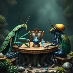 Representatives from the Platinum Praying Mantis and Sapphire Scarab Dynasties finalizing their mineral prospecting agreement