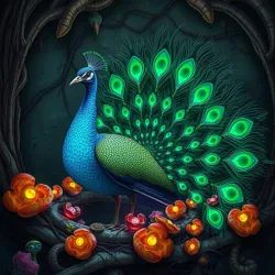 A typical Plutonium Peacock nest adorned with radioactive crystals and bioluminescent fungi