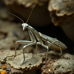 A mature Platinum Praying Mantis displaying its characteristic metallic sheen during a wealth accumulation ritual