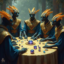 Elite members of the Sapphire Scarab Dynasties presenting newly cultivated gems