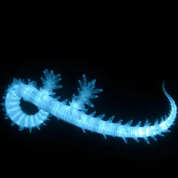 A serpentine creature with glowing crystalline fins swimming in darkness